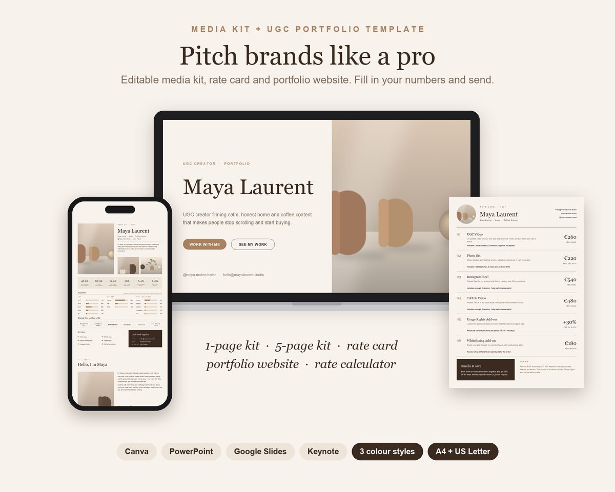 Creator Media Kit and UGC Portfolio: Media kits, a rate card, a portfolio deck and a rate calculator.
