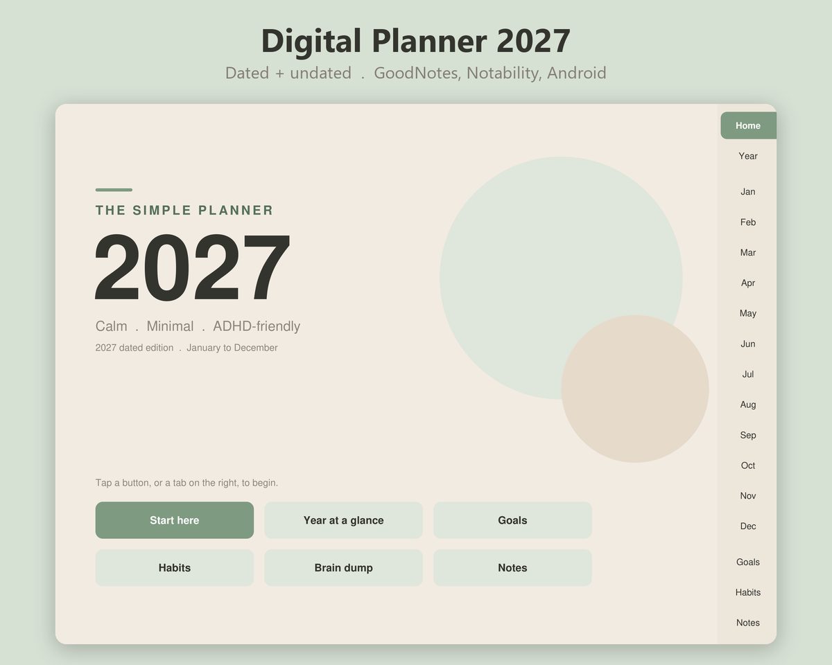 The Simple Planner 2027: A calm hyperlinked planner for GoodNotes and other tablet PDF apps.