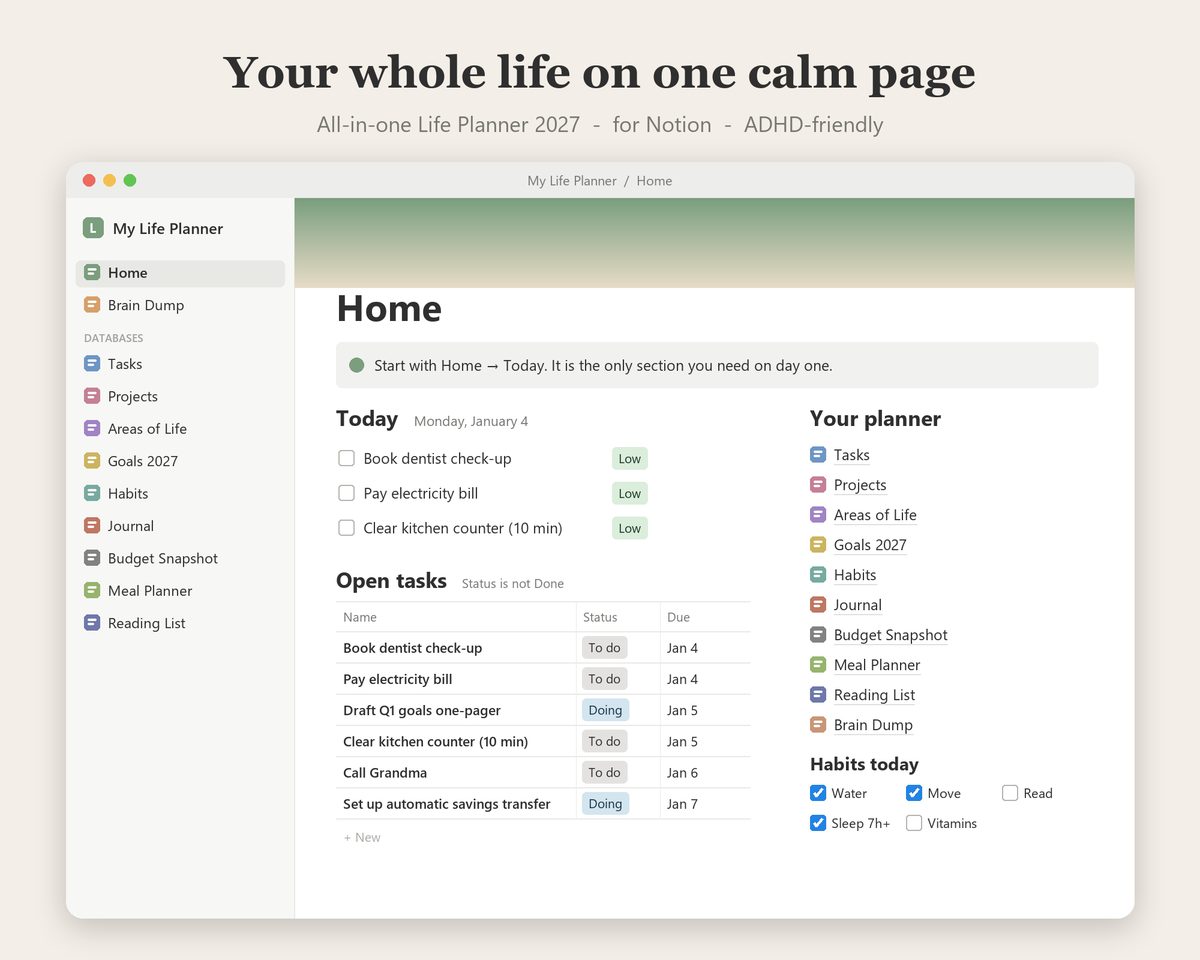 Life Planner 2027 for Notion: Tasks, goals, habits, journal, budget, meals and reading in one Notion page.