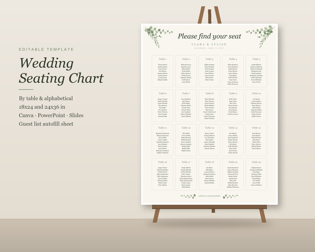Wedding Seating Chart: Two layouts, two sizes, two styles, and a sheet that sorts the guests for you.