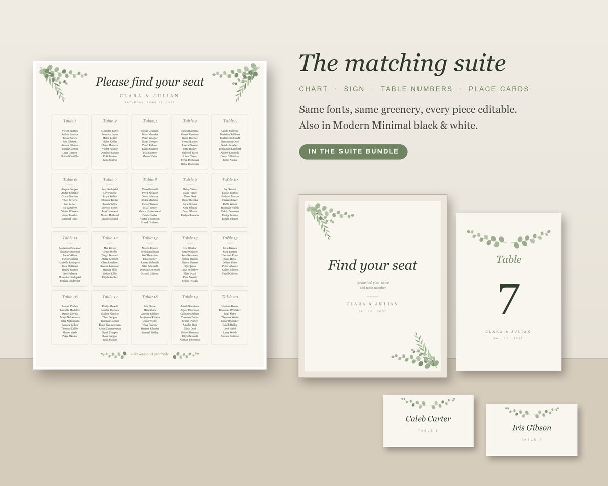 Wedding Seating Suite: The chart plus a Find Your Seat sign, table numbers and place cards.