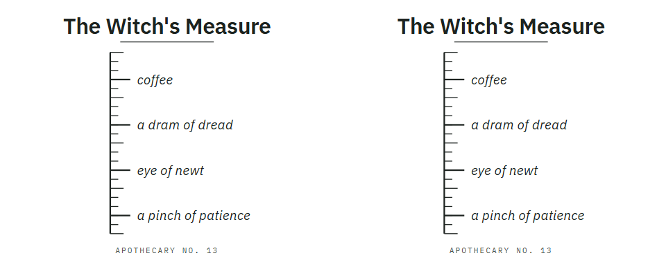 The Witch's Measure: An apothecary measuring mug: fill to a pinch of patience, eye of newt, a dram of dread, then coffee.